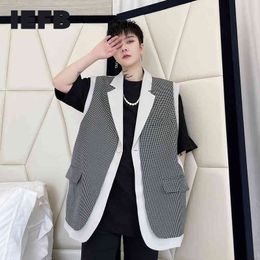 IEFB Plaid Stitching Contrast Color Patchwork Fake Two Piece Design Men's Mid Length Vest Loose Tops Spring Summer 6901 210524