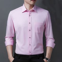 Pink Shirts Men Casual Long Sleeve Satin Mens Shirt Slim Business Work Camisas Non Iron Solid Chemise Homme 26+Colors 210524