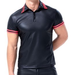 Mens T-shirts PU Leather Short Sleeve Body Shapers Streetwear Plus Size Undershirts Party Clubwear Sexy Shirts Tee Chemise XXL 210329