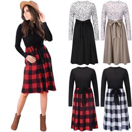 Casual Dresses Autumn Elegant Leopard Print Stitching Long Sleeve Dress Knitted Skirt Slim Tie Up Plus Size Women Office