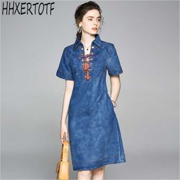 summer Women Fashion Colorful Lace-up Tassels V-Neck Denim Dress Vintage Short Sleeve Casual denim vestidos 210531