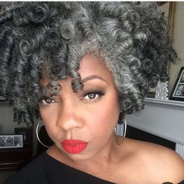 Short crochet curly gray human hair wigs silver grey real remy non lace wig afro kinky salt and pepper 130% density glueless caps diva1