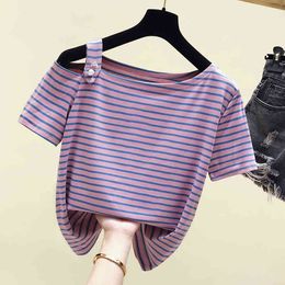 Summer Women Short Sleeves Stripe Off Shoulder Cotton T-Shirt Girls Students Pullover Tee Tops A1588 210428