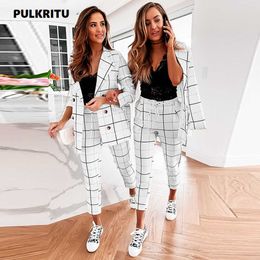 Pulkritu Plaid Women Pant Sets Summer Autumn Blazers Top Office Lady Casual Two 2 Piece Fashion Outfits Suit 210930