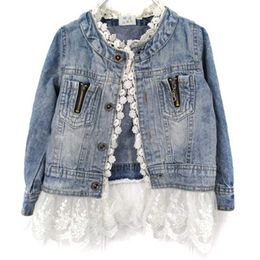Girls Jean Jackets Kids Lace Coat Long Sleeve Button Denim For 2-7Y Woollen Fashion Patchwork 211204