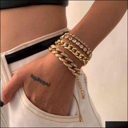 Charm Bracelets Jewelry Simple Fl Diamond Cuban Chain Handpiece Personalized Punk Inlaid Bracelet Set Drop Delivery 2021 3Sk