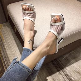 FACTORY_STORE01 New Sexy PU Square head Peep Toe High Heel Mesh Slippers Summer Fashion Slip On Thin Heels Slides Women Mulestewektwhoiethw