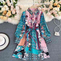 Autumn and Winter Big-name Printed Dress Lapel Tie Waist Puff Sleeve Vacation Travel Shooting Mid-length Skirt HK099 210507