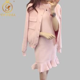 Autumn And Winter Solid Long-Sleeved Cardigan Sweater + Ruffles Mermaid Dresses Set Women Casual 2pcs Knitted Suit 210520