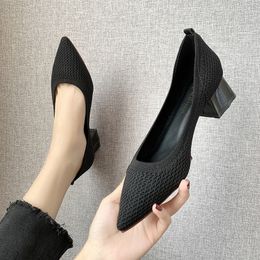 2020 Women Pumps Spring Summer Stretchy Fabric Med Chunky Heels Shoes Slip on Sexy Pointed Toe Work Office Casual Daily Shoe HWS323