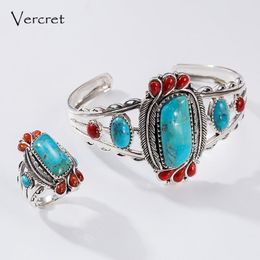 Cluster Rings Vercret 925 Silver Bohemia Ring Natural Turquoise Stone 100% Pure S925 Sterling Solid For Women Jewelry
