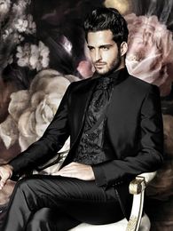 Latest Design One Button Black Groom Tuxedos Stand Collar Wedding Men Suits Three Pieces Business (Jacket+Pants+Vest+Tie) W1313