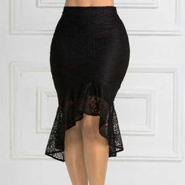 Sexy Black Lace Gothic Skirts Woman Empire Waist Elastic Retro Pencil Asymmetrical XXL XL Plus Size Jupe Women's Fashion 210527