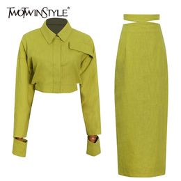 TWOTWINSTYLE Korean Two Piece Suit Women Clothing Crop Top High Waist Cut Out Split Bodycon Skirt Sets Female Style 211108