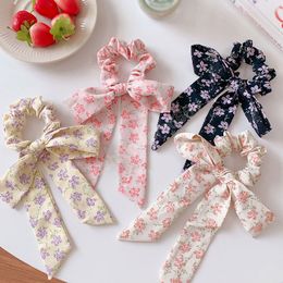 Floral Bow Ribbon Hair Tie Scrunchies Elastic Rubber Bands Ponytail Holder Floral Streamer Hair Rope For Women Girl Scrunchie