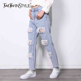 Hollow Out Casual Denim Trousers For Women High Waist Patchwork Tassel Straight Jeans Female Korean Spring Fashion 210521