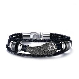 Alloy Wing Leather Hand Rope Bracelet For Men Black Hematite Single Woven Jewelry Gift Bangle