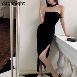 Sexy Vintage Slit Strapless Long Dress Women Summer Club Off Shoulder Bodycon es Grey Black Party Tube 210601