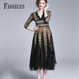 High Quality Fashion Attached Hollow Out Embroidery Lace Midi summer Dress Women Long Sleeve Female Dresses vestidos 210520