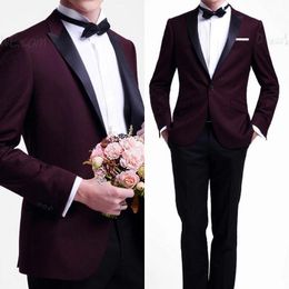 Men's Suits & Blazers custom groom dress man wine red black lapel business casual jacket and pants