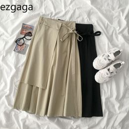 Ezgaga Skirts for Women Solid Casual Korea Fashion Midi Skirt Female Elastic High Waist Lace Up A-line Skirt Autumn Elegant 210430