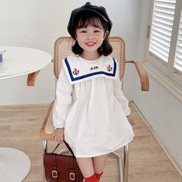 Girls Dresses with Embroidery Sailor Collar Spring 2021 Kids Boutique Clothing Korean 1-6T Children Cotton Dress