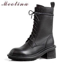 Meotina Autumn Motorcycle Boots Women Natural Genuine Leather Thick High Heel Mid Calf Boots Zipper Round Toe Shoes Ladies 34-39 210608