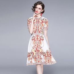 summer Fashion casual women Floral Dress short Sleeve Vintage Flower Print turn down collar vestidos 210531
