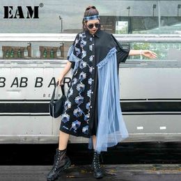 [EAM] Women Black Irregular Mesh Big Size Dress New Lapel Half Sleeve Loose Fit Fashion Tide Spring Summer 1W913 210325