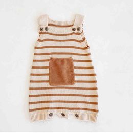 Autumn Winter born Boys Girls Pocket Stripe Jumpsuits Clothes Baby Knit Rompers Knitted Sleeveless Children 210429