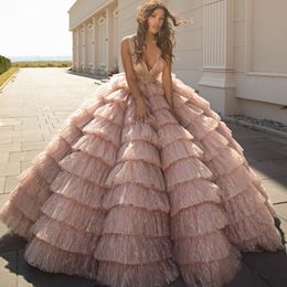 2022 Fashion Ball Gown Quinceanera Dresses Tiered Ruffles V Neck Glitter Prom Gowns Lace Up Sweet 15 Masquerade Dress