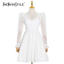 Elegant Patchwork Lace Women's Dress V Neck Long Sleeve High Waist White Dresses Female Fashion Clothing 210520