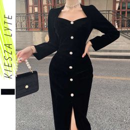 Luxury Ladies Black Velvet Dress Audrey Hepburn French Sexy Split Bodycon Party Robe Femme Vestidos 210608