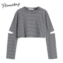 Yitimuceng Woman Tshirts Long Sleeve Summer Comfortable Black White Striped Tops for Women Fashion O-neck Hollow Out Clothes 210601