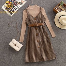 Autumn Winter Woman Long Sleeves Knitted T-shirt + Tweed Blend Plaid Dress 2 pcs sets Female Outfits Free Belt 211106