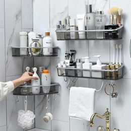 Wall-Mounted Triangle Storage Rack Bathroom Shelf With Towel Bar Hooks Organiser For Bath Household Items Bathroom Accessories 211101