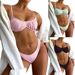 Women's Swimwear Sexy Solid Color Bikini Sleeveless Sling Tops Briefs Swimsuit Bare Midriff Two-pieces Set Pleated Underwire