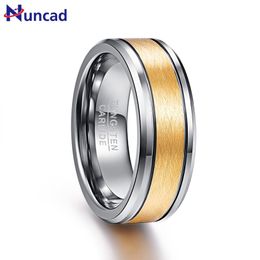 Wedding Rings Nuncad Men's 8mm Gold Color Brushed Center Two Grooves Tungsten Carbide Band Beveled Edge