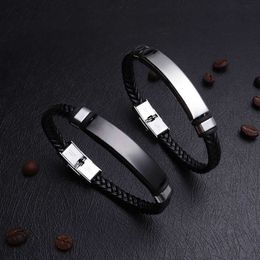 Stainless Steel Blank Id Tags Leather Bangles for Engrave Leather Braid Bracelet with Metal Plate Wholesale 10pcs Q0722