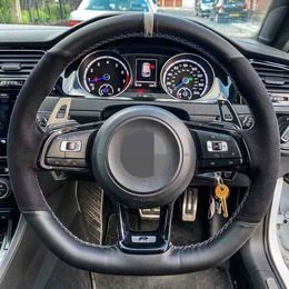 DIY steering wheel cover Black Leather Suede for Volkswagen Golf 7 GTI Golf R Mk7 Volkswagen Polo GTI Scirocco 2015 2016