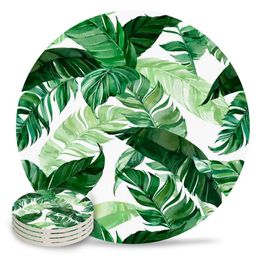 Mats & Pads Green Leaf Watercolor Pattern Round Set Non-slip Heat Proof Ceramic Coffee Drink Coasters Table Decoration Placemats