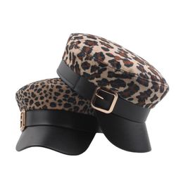 Vintage Woollen Leopard Print Casual Hat Men Buckle Flat Top Octagonal Cap Female Fashion Accessories Military Wide Brim Hats
