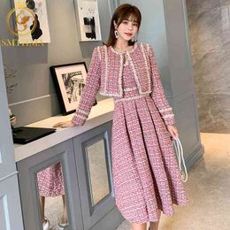 Winter fashion women's Tweed short coat and dress two-piece suit High Quality Women's Beading Dress 2 piece Sets 210520