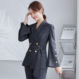 Women's Two Piece Pants Korean Grey Flare Sleeve Slim Business Blazer + Pant 2 Set Women Office Lady Notched Jacket Trousers Suits Belted