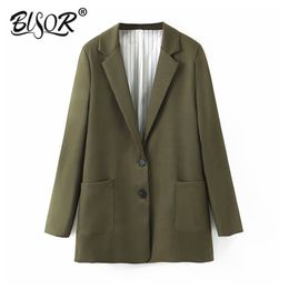 Women casual army green blazer long sleeve notched collar pockets single breasted coat female Office wear tops 210430