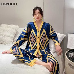 QSROCIO Women's Pyjamas Set Super Fashion Big Rhombus Print Sleepwear Luxury Silk Like Nightwear Casual Homewear Femme 211112