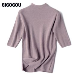 GIGOGOU Half Sleeve Women Turtleneck Sweater Autumn Spring Pullover Top Soft Female Jumper Black White Tight Sweaters Pull Femme 210918