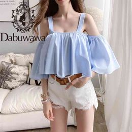 Dabuwawa Sexy Blue Ruffle Sleeve Off Shoulder Short Blouse Women Loose Fit Solid Summer Womens Shirts and Blouses DT1BST028 210520