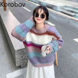 Korobov Rainbow Striped Sweater Women's Autumn and Winter Wear New Korean Style Loose Lazy Style Top Long-sleeved Sweater Trend 210430