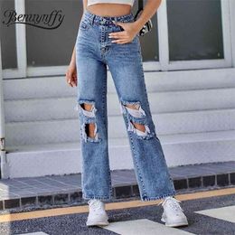 Button Fly Mom Straight Ripped Jeans Woman Autumn winter Streetwear Casual Hole Denim Pants High Waist For Women 210510